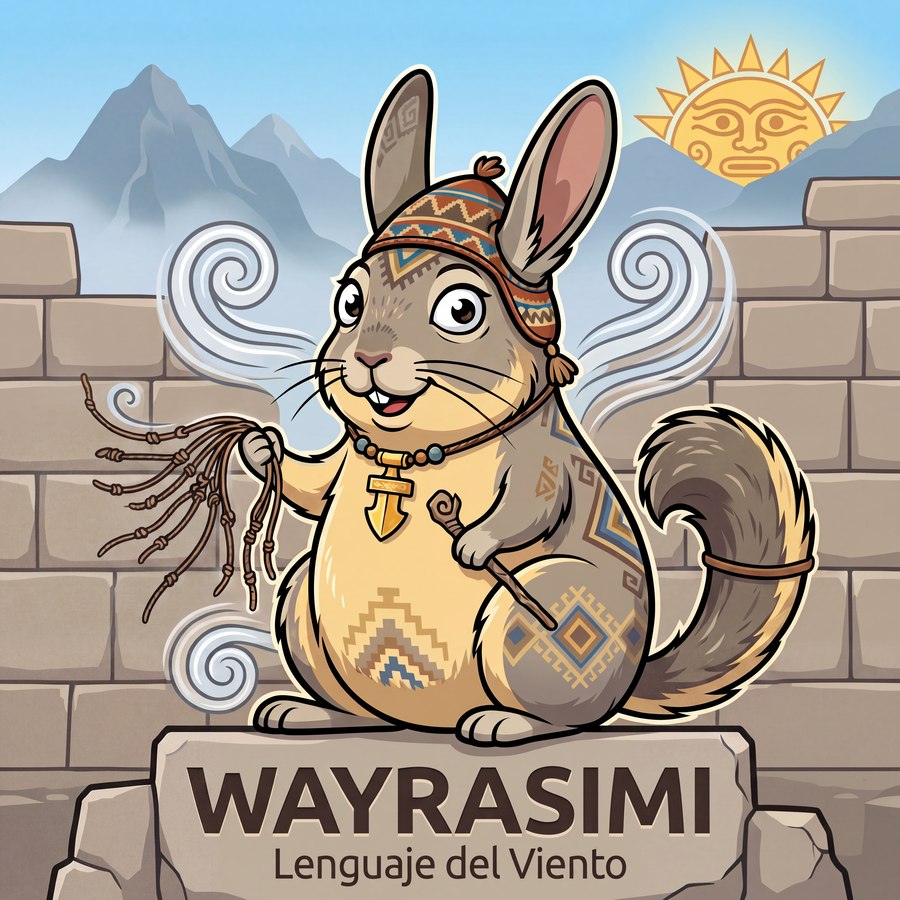 Wayra, la vizcacha mascota de Wayrasimi, con chullo y un quipu entre remolinos de viento
