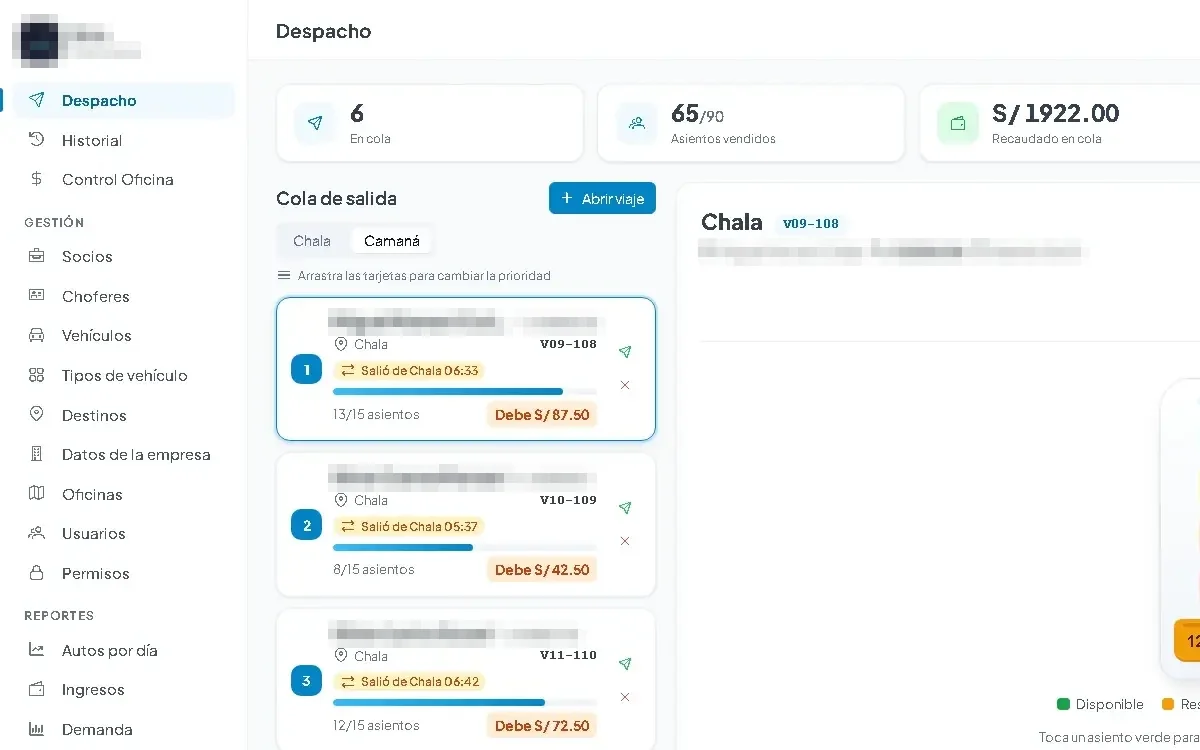 Panel de despacho con la cola de salida de vehículos, los asientos vendidos y el recaudo del día.
